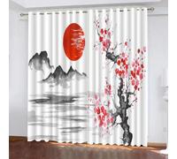 Rideau Occultant Oeillet Style Japonais Fleurs De Cerisier Japonais Soleil Rouge 3D Motif Isolant Thermique Rideaux Chambre Décoration De Fenêtre pour Enfant Adulte Rideaux Court 234x137 cm LxH