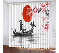 Rideau Occultant Oeillet Style Japonais Fleurs De Cerisier Japonais Soleil Rouge 3D Motif Isolant Thermique Rideaux Chambre Décoration De Fenêtre pour Enfant Adulte Rideaux Court 234x137 cm LxH