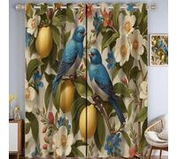 Rideau Occultant Oiseau Bleu Et Citron à Oeillets 140x245cm Lot de 2, Rideaux Isolant Thermique Style Victorien Rideau et Draperies intérieurs, Décoration de Fenêtre pour Salon, Chambre, Jaune-Vert