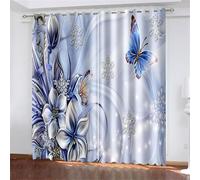 Rideau Occultant Papillon Bleu Lot de 2 Rideaux 3D Fleurs Rideaux Occultants Thermique Isolant Anti Froid pour Chambre à Coucher et Salon Draperies Intérieurs oeillet 2 x L117cm x H138cm X1109