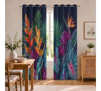 Rideau Occultant Paradis Des Oiseaux Heliconia Orchidée Phalaenopsis 140 X 200 cm | Rideau Thermique Fleurs Tropicales, Lot De 2 Rideaux Opaque à Oeillets Pour Fenetre Chambre Salon, Bleu Marine