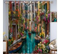 Rideau Occultant Paysage de Water City, Rideau Isolant Thermique pour Salon Chambre, Rivière, Maisons et Petits Bateaux,Lot de 2 Rideaux et Draperies Intérieur 117 X 183 cm, Bleu-Vert