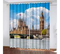 Rideau Occultant Paysage Urbain Londres Imprimé 3D Lot de 2 Rideaux Thermiques Isolants Tenture Opaque à Oeillets Architecture Rétro Rideau Enfant Chambre Salon Fenêtres Décoration 75x166 cm LxH B/146