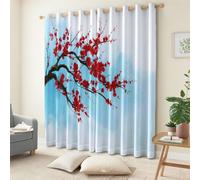 Rideau Occultant Peinture Encre Chinoise Cerisier Rouges Tenture Opaque à Oeillets Rideau Thermique Isolant Draperies Intérieurs pour Chambre Salon Fenetre, Bleu Clair 2 Pièces, L 91.5 x H 214 cm