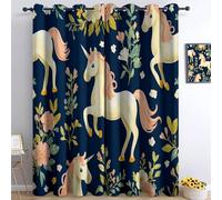 Rideau Occultant Plantes Et Fleurs, Draperies Thermiques à Oeillets Animaux Licorne pour Chambre Enfant Décoration de Fenêtre - Lot de 2 Rideaux et Draperies Intérieur 140L x 245H cm