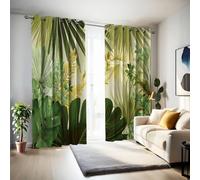 Rideau Occultant Plantes Vertes Tropicales Feuilles Palmier à Oeillets, 132x160cm Rideau Thermique Isolant avec Doublure Noire, Bohème Rideaux Fenêtre Opaques pour Dressing Salon Chambre, Jaune-Vert