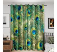 Rideau Occultant Plume De Paon, Rideaux Motif Exotique Paon, Rideau Thermique Isolant Draperies Intérieurs à Oeillets pour Chambre Salon Fenetre, Lot de 2, 140x260 cm T59