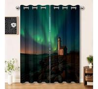Rideau Occultant Polyester Photographie De Nature Rideaux Thermiques à Oeillets, Aurore Boréale Phare Plage De Sable Rideaux Imprimé pour Chambre Décoration 140 X 260 cm (LxH) (L x H), Lot de 2