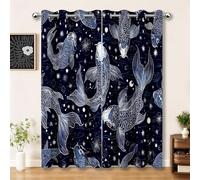 Rideau Occultant Polyester Vintage Japonais Rideaux Thermiques à Oeillets, Ciel Étoilé Animaux Poissons Rayures Rideaux Imprimé pour Chambre Cuisine Décoration 140 X 245 cm (LxH) (L x H), Lot de 2