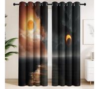 Rideau Occultant pour Amoureux Astronomie, 3D Océan Éblouissant Éclipse solaire Nuages, Noir, Surréaliste, Rideaux à Oeillets, Isolant et Thermique, pour Chambre et Salon L 117 x H 137 cm, 2 Panneaux