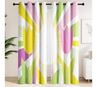 Rideau Occultant Rose Et Jaune 75L x 166H cm 2pcs, Rideaux Lumière Bloquer Isolation Thermique pour Déco De Fête Salle De Jeux, Tenture Opaque à Oeillets Simple Tulipes Florales Œufs De Pâques