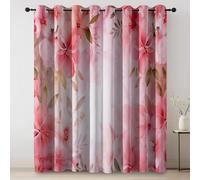 Rideau Occultant Rose - Rideau Polyester Thermique Aquarelle Fleurs Roses Feuilles Vertes Theme imprimé pour Décoration Salon Chambre, Rideaux et Draperies Intérieurs à Oeillets 75L X 166H cm