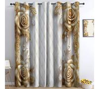 Rideau Occultant Roses De Luxe Élégantes Imprimés Lot de 2 Rideau Thermique Isolant Tenture Opaque à Oeillets Draperies Intérieurs pour Maison 91.5L X 214H cm (2 Panneaux), Blanc Or