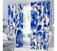 Rideau Occultant Salon Bleu Pivoine Porcelaine Blanche, Rideaux Motif Motif Floral Chinois avec Oeillets 2 Panneaux Rideaux Occultant Thermiques Opaque pour Fenetre Chambre, 75Lx166H Cm, Bleu Royal