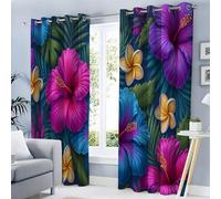 Rideau Occultant Salon Plante Tropicale Fleur d'hibiscus Psychédélique 3D Bleu-Vert, Rideaux Thermiques À Oeillets, Imprimé Decoration Chambre Fenetre, Lot De 2 Draperies Intérieurs 140Lx175H Cm