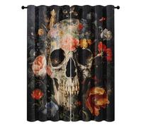 Rideau Occultant Tête de Mort Gothique, Rideau Thermique Motif Squelette Fleur, Rideaux Chambre Salon Fenetre, Lot de 2 Rideaux à Oeillets 117L x 137H cm XD69
