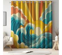 Rideau Occultant Thermique en Microfibre, à Oeillets, Isolant Contre Le Froid et la Chaleur, 2 Panneaux, L 140 x H 200 cm, Jaune, Vintage Géométrique Vagues De L’Océan, pour Chambre et Salon