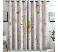 Rideau Occultant Thermique Isolant Anti Froid et Chaleur Bohême Soleil Lune Beige Or Tenture Opaque à Oeillets Isolation Lumiere UV Decoration Chambre Maison Salon 140L X 250H cm (2 Panneaux)