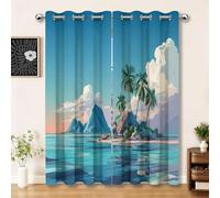 Rideau Occultant Thermique Isolant Anti Froid et Chaleur Paysage Palmiers Îles Nuages Bleu Tenture Opaque à Oeillets Isolation Lumiere UV Decoration Chambre Salon, 140L X 250H cm (2 Panneaux)