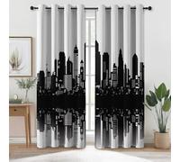 Rideau Occultant Thermique - Moderne Simple Architecture Urbaine Imprimer Decoration Chambre Salon Fenetre, Blanc Noir Rideaux à œillets 140 L x 245 H cm (2 Panneaux) Rideaux Anti Chaleur Antibruit