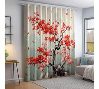 Rideau Occultant Thermique - Rétro Peinture À L'Encre Arbre À Fleurs Rouges Imprimer Decoration Salon Fenetre, Gris-Vert Rideaux à œillets 110 L x 215 H cm (2 Panneaux) Rideaux Anti Chaleur Antibruit