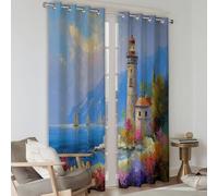 Rideau Occultant Thermiques Bleu, Fleurs Naturelles du Phare Lot de 2 Rideau Isolant Anti-Bruit, Économie d'Énergie, Idéal pour Chambre Salon Fenetre, 140 x 245 cm