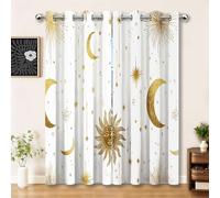 Rideau Occultant Thermiques de Blanc,Minimalisme Art Lune Étoiles Imprimé pour Salon Chambre Fenetre Cuisine - Rideaux et Draperies Intérieurs à Oeillets 70L X 180H cm (2 Panneaux)