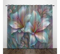 Rideau Occultant Thermiques Élégance Lys, Lot de 2 Rideaux à Oeillets Vert Décoration, Fleurs Modernes Phonique Isolation Chambre Rideaux et Draperies Intérieurs, 140x240 cm