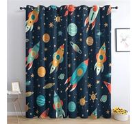 Rideau Occultant Thermiques Enfant Espace Fusée et Planète - Lot de 2 Rideaux Imprimé pour Salon Chambre Fenetre Cuisine, Rideaux et Draperies Intérieurs à Oeillets, 75x166 cm (LxH)