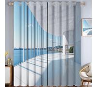 Rideau Occultant Thermiques Fenêtres Architecture, Lot de 2 Rideaux à Oeillets Décoration, Désign Vue sur La Mer Phonique Isolation Chambre Rideaux Salon Bleu Blanc Motifs 140L X 175H cm