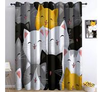 Rideau Occultant Thermiques Gris, Animal Chat Mignon Lot de 2 Rideau Isolant Anti-Bruit, Économie d'Énergie, Idéal pour Chambre Salon Fenetre, 117 x 229 cm