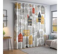 Rideau Occultant Thermiques - Lot de 2 Panneaux Moderne Paysage Enneigé Maisons Forêt Imprimé pour Salon Chambre Fenetre Cuisine, Gris Lumiere UV à Oeillets Rideaux Intérieurs, 100L X 160H cm