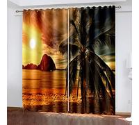 Rideau Occultant Thermiques Phonique 200X214Cm (LxH) 3D Paysage De Coucher De Soleil Avec Des Cocotiers Sur La Plage Motif Oeillet Pour Rideaux Pour Chambre Et Salon Cuisine Noel Fenêtre Décoration,