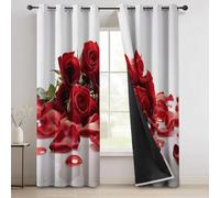 Rideau Occultant Thermiques Plantes Photographie Romance Roses Fleurs Imprimé pour Salon Chambre Fenetre Cuisine, Rouge Blanc Rideaux Intérieurs à Oeillets, 140L X 260H cm (2 Panneaux)