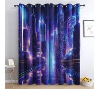 Rideau Occultant Thermiques Ville Néon - Rideau Paysage Urbain Skyline, Lot de 2 Rideaux à Oeillets pour Decoration Chambre Salon, Draperies Intérieurs Fenetre, 140x260 cm (LxH)