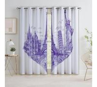Rideau Occultant Thermiques Violet, Tour Eiffel New York Lot de 2 Rideau Isolant Anti-Bruit, Économie d'Énergie, Idéal pour Chambre Salon Fenetre, 110 x 215 cm