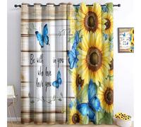 Rideau Occultant Tournesols Aquarelle Papillons Bleus 3D Impression Salon Moderne Thermique Isolant Anti Froid Polyester 2 Pièces Jaune L 280 x H 260 cm Rideaux De Fenêtre Fleurs Chambre