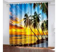 Rideau Occultant Uni, Rideau Fenetre Longue Orange Bleu Vert Coucher de Soleil sur Les Cocotiers en Bord de Mer Polyester Lot de 2 214x160cm
