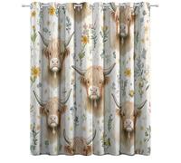 Rideau Occultant Vache des Highlands Fleurs Sauvages Rideaux Thermique Isolant Draperies Intérieurs Tenture Opaque à Oeillets pour Maison Chambre Salon Fenetre 2 Pièces 70L X 160H cm Cantonnière
