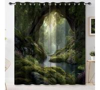 Rideau Occultant Vert Noir, Fantaisie Paysage forestier Rivière Arche Motif Rideaux Thermiques à Oeillets, Rideaux Imprimé pour Salon Chambre Fenetre Moderne Décoration, L140×H280 cm, Lot de 2
