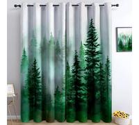 Rideau Occultant Vert Olive - Lot de 2 Rideaux Isolants Anti Froid Aquarelle Mystère Forêt Brume Imprimé pour Salon Chambre Cuisine, Rideaux et Intérieurs à Oeillets, 140L X 245H cm