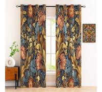 Rideau Occultant Vue du Jardin, Rideaux Motif Fleurs Et Feuilles pour Decoration Salon Chambre Fenetre,Jaune Moutarde Draperies Intérieurs À Oeillets Lot De 2, 117L X 137H Cm