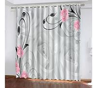 Rideau Occultants à Oeillets 3D Rideaux Opaques Rideaux et Draperies Lot de 2, Intérieurs Thermique Isolant Anti Froid, pour Chambre et Salon, 2 Pièces x 140 L x 260 cm H Gris & Fleurs