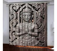Rideau Occultants à Oeillets 3D Rideaux Opaques Rideaux et Draperies Lot de 2, Intérieurs Thermique Isolant Anti Froid, pour Chambre et Salon, 2 Pièces x 140 L x 260 cm H Bouddha Gris et Zen
