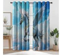 Rideau Opaque Imprimé Anime Fantasy Pégase Nuages Blancs - Bleu Clair Rideaux Occultants Thermiques Et Isolants avec Œillets pour Fenêtres Chambre Décoration, L 140 x H 245 cm (2 Panneaux)