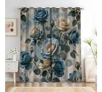 Rideau Rose - Rideau Occultant Thermiques Fleurs Bleus et Blancs, Lot de 2 Rideaux à Oeillets pour Decoration Chambre Salon, Draperies Intérieurs Fenetre, 140x260cm (LxH)