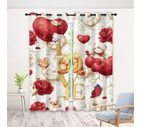 Rideau Rouge Amour Ours Love - Lot De 2 à Oeillets, Fleur Ballon Rideaux Occultant Opaque, Thermique Isolant Anti Froid, pour Fenêtre de Chambre, Salon, 280 x 260 cm