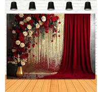 Rideau rouge et or, tissu de fond avec motif de roses rouges et blanches, décoration pour anniversaire, mariage, fête, toile de fond pour studio photo de portrait, vinyle 7*5 pieds (210*150 cm),5*3 pi
