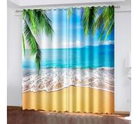 Rideau Salon Hiver, Rideau Opaque Fin Bleu Vert Jaune Paysage de Plage et de Feuilles de Palmier Polyester 2 Panneaux 264x274cm