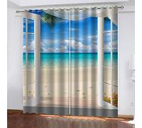 Rideau Salon Moderne Lot De 2-3D Fenêtre Plage Vue Mer Imprimé Rideaux Occultants, Rideau Oeillet Isolant Thermique Et Sonore pour Fenetre De Cuisine Et Chambre Enfant 150X160Cm (LxH)